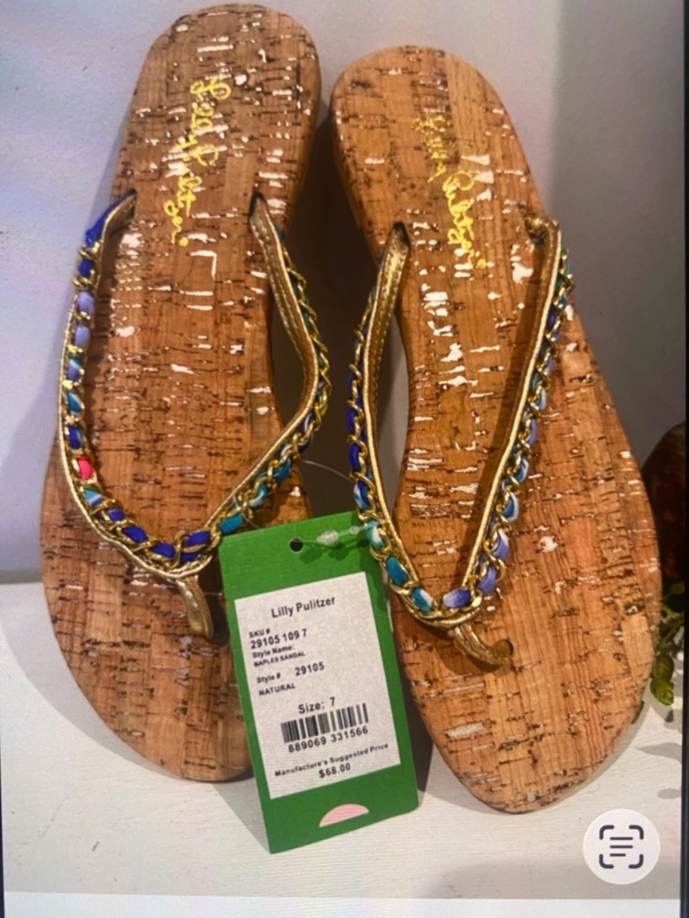 Lilly Pulitzer NWT Naples Gold Sandals with Blue and Green Accents size 7